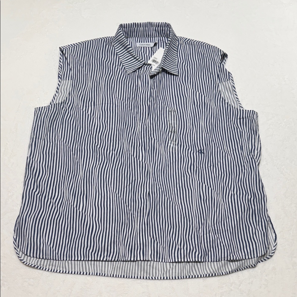 Calvin Klein Navy and White Striped Sleeveless Button-Down Shirt